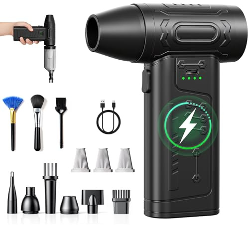 fourq Compressed Air Duster,Mini Vacuum Cleaner 2-in-1,4000 mAh,130,000 RPM Brushless Motor,8000Pa，120MPH/1.1LB Thrust Car Dryer Air Blower for Car Cleaning,Computer Cleaning