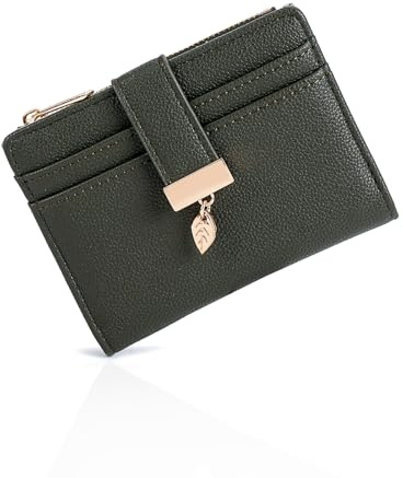 Pomelo Best Women's RFID Wallet - Vegan Leather Bi-fold Small Ladies Purse with Zipper Coin Pocket & ID Window - Leaf Charm Compact Wallet for Women (Midnight Green)