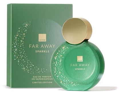 AVON Far Away Sparkle Eau de Parfum | Perfume de Mujer de Larga Duración | Fragancia Gourmand, Afrutada y Femenina con Melocotón, Jazmín y Praliné Caramelizado | 50 ml