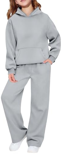 Survêtement 2 pièces Preppy pour garçons et filles - Pull athlétique à capuche - Jambes larges - Automne et hiver, gris, 13-14 ans