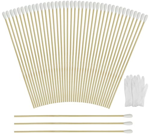 200 bastoncillos de algodón, mango largo de madera, soporte de algodón de 15 cm, varillas de limpieza con 2 guantes, para cámara, teclado, maquillaje, pulido y limpieza
