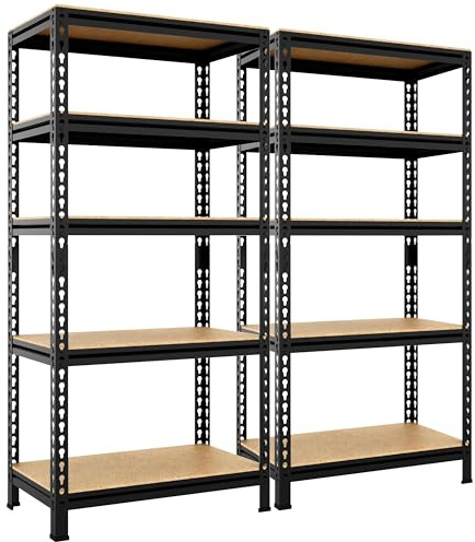 Yaheetech 2er Set Schwerlastregal Lagerregal 150 x 70 x 30 cm Steckregal mit 5 Verstellbaren Ablagen Kellerregal 590 kg Belastbar Regal mit Metallgestell Schwarz