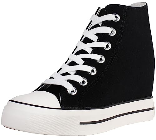 wealsex Donna Zeppe High-Top Scarpe di Tela Traspirante Nascosto Zeppe Scarpe Casual Sneaker Donna (Nero, 40)