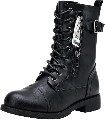 Vepose Women's Black Combat Boots Low Heel, Mid Calf Military Boots, 928 Size 7.5 US - with Card Knife Wallet Pocket (CJY928 Black 07.5)