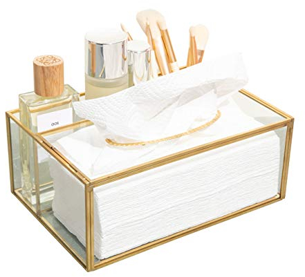 SLHEQING Taschentücher Box, Taschentuchbox Glas Kosmetiktücher Box Rechteckig Couchtisch Organizer, Tücherbox in denen Fernbedienung, Gold Taschentuchspender