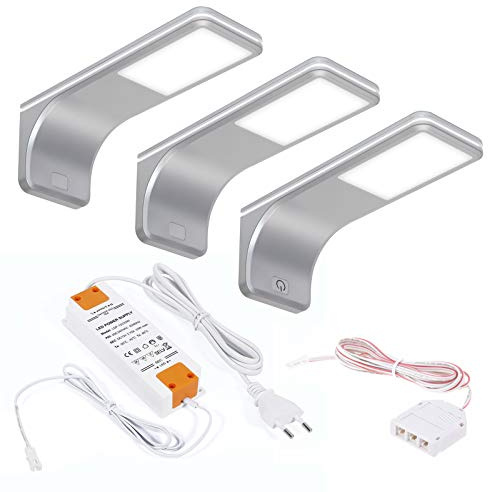 SET med 3 JUNKER-belysning LED-lampor under skåpet VIOLA 4000K neutralvit (12V 3,5W 160 x 55 x 60,5 mm) inkl. transformator och pekdimmer