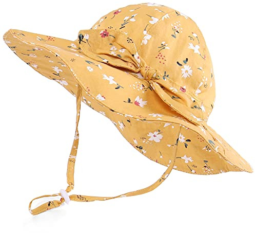 LACOFIA Baby Girls Sun Hat UPF 50+ UV Protection Toddler Cotton Beach Hat Infant Wide Brim Summer Visor Cap with Adjustable Chin Strap Yellow Flowers 6-18 Months