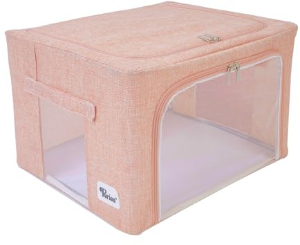 Periea ‘Beau’ Folding Collapsible Stackable Fabric Home Storage Boxes with Steel Frames (Light Pink Hemp, Small)