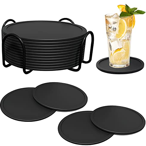 DAWRIS 12Er Set Untersetzer Gläser Silikon, Glasuntersetzer in Dunkelgrau Getränke Tassen untersetzer Set Dunkelgrau Bierdeckel mit Halter für Getränke, Bar, Tassen, Glas