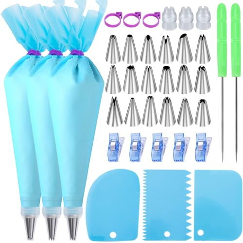 Piping Bags and Nozzles Set, Cakes Decorating Kit Supplies with 3 Reusable Pastry Bags, 18 Frosting Tips, 3 Couplers, 3 Bag Ties, 3 Cake Scraper, 1 Cake Decorating Tools for Cookie Icing