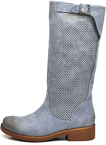 IF Fashion Botas de mujer Biker Motociclista perforadas primavera verano con hebilla LY70-4, 70 4 Azul Jeans, 36 EU