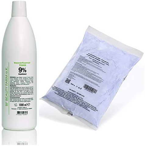 BF Beauty Farm e.K. Wasserstoffperoxid Cream Oxydant 1000ml + 500g Blondierpulver BLAU Staubfrei PROFESSIONAL ANTI-YELLOW MOLECULES (Wasserstoffperoxid Cream Oxydant 9% 1000ml + 500g)
