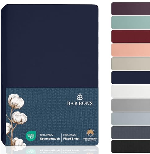 BARBONS Spannbettlaken 90x200cm - 100% Baumwolle Spannbetttuch Oeko-TEX Zertifiziert Bettlaken Jersey Bettwaren und Bettbezug für Boxspringbett und Dicke Matratzen bis 27 cm - Navy 90 x 200