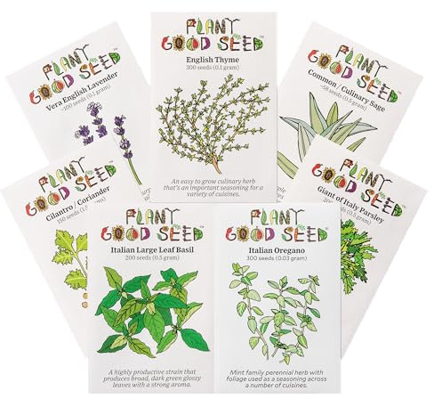 Plant Good Seed Organic Culinary Herb Seeds for Planting: Heirloom Variety Pack, Basil, Cilantro, Lavender, Oregano, Parsley, Sage, Thyme - 7 Packet Collection