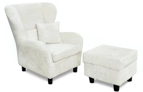 lifestyle4living - Moderner Ohrensessel mit Hocker – Große Auswahl an Stoffen und Farben - Gemütlicher Designer-Sessel im eleganten Landhaus-Stil, Cordbeige