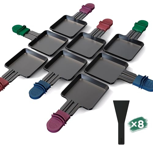 Yoassi 8 Stück Pfännchen für Raclette, Antihaftbeschichtet Grill Pfännchen, Viereckig Mini Raclette mit 4 Schaufel für Raclette Grill Zubehör