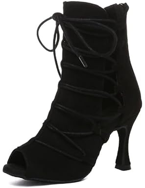 SWDZM Bottine Danse Latine Femme Talons Hauts Salsa Pro Dancehall Peep Toe Dance Shoes,Noir,Talon-8.5CM,EU 38