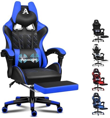 ALFORDSON Silla Gaming Ergonómica Reclinable con Masaje y Reposapiés Retráctil,Silla Gamer con Cojín Lumbar y Cervical,Altura Ajustable, para Ordenador,Oficina,Videojuego,Escritorio, Polipiel(Azul)