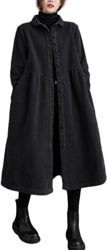 Suncadmious Cappotto Lungo in Velluto a Coste Primaverile da Donna con Bottoni e Tasche Laterali Trench Imbottito a Maniche Lunghe Abito Vintage Largo in Velluto a Coste (Nero,XL)