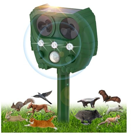 Répulsif Chat Ultrason, Répulsif Chat Exterieur, Repulsif Chat Solaire avec 5 Modes, Solaire et Chargement USB, Lumière LED, Détecteur de Mouvement Réglable pour Rats, Chiens, Oiseaux, Renards, Chats