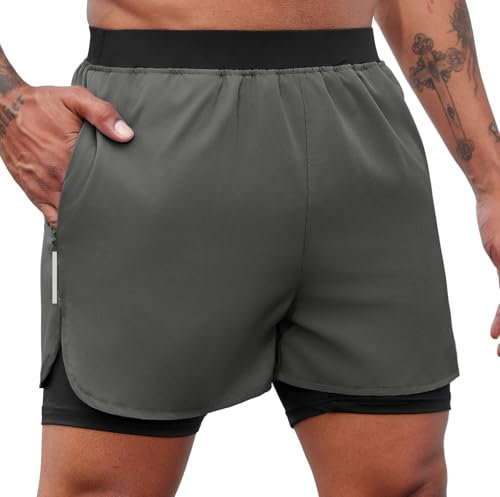 PINSPARK Shorts Herren Sport Sporthose Outdoor Kurze Sporthose 2 in 1 Gym Laufshort Frühling Schnell Trocknend Trainingsshorts Kompressions Basketball Shorts Dunkelgrau M