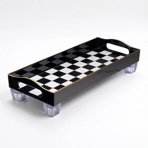 Simmer Stone Rectangular Tray - Bathroom Counter Organizer With Raisers 13.8 x 5.91 Inch, Non-Slip Storage Sink Caddy With Handle For Toothbrush Cup And Skincare (Checkered Black White)