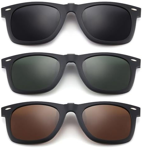 DAVBNM 3 Pairs Polarized Clip On Sunglasses, Stylish and Functional Clip-On Sunglasses for Men Women, Polarised Flip-Up Over Prescription Glasses Perfect for Sunny Days Outdoors