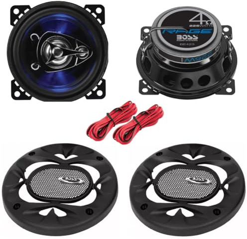 KIT SET PER BOSS AUDIO SYSTEMS BE423, 2 altoparlanti coassiali 3 vie da 10,00 cm 100 mm 4, 112 watt rms 225 watt max, 4 ohm, 90 db, con led blu, sospensione in gomma, a coppia + accessori omaggio