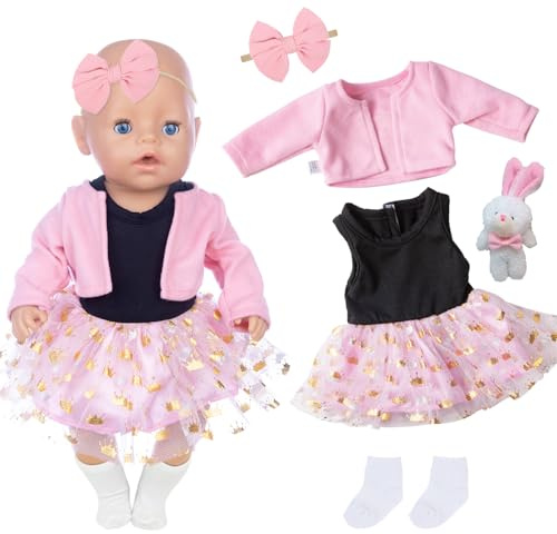 Lot de 5 adorables vêtements de poupée pour poupées de 35 à 43 cm, vêtements de poupée de bébé de 35 à 43 cm avec jupe en tulle rose, veste, nœud, chaussettes, poupée lapin compatible avec les poupées