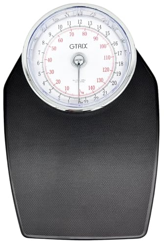 Báscula de baño estilo médico, esfera grande de fácil lectura de hasta 150 kg, 23 piedras, 9 libras, mecánica, negra, Gtrix precisa, incrementos de 500 g, analógica antideslizante