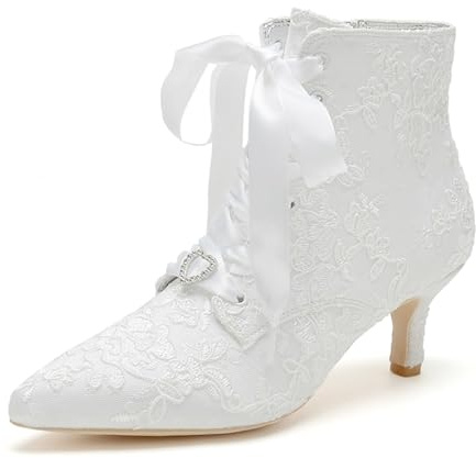 HFWXYSA Botas De Novia De Encaje para Mujeres con Punta Afilada Y Tacón Kitten, Zapatos De Boda De Encaje, Botas De Tobillo De Novia,Blanca,35 EU