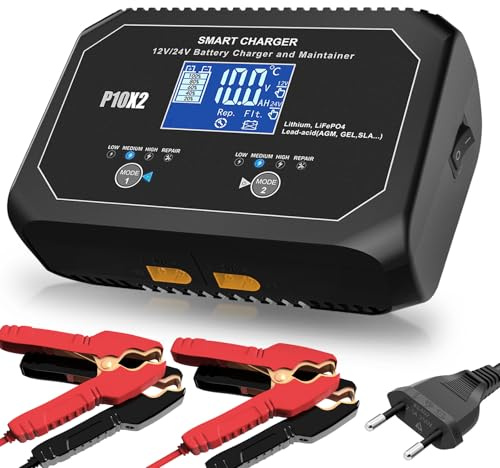 Haisito 2 uppsättningar 20 A (10 A/set) bilbatteriladdare intelligent 12 V 24 V underhållsladdare för bil, golfbil, motorcykel, marin, bly, litium- och LiFePo4-batterier