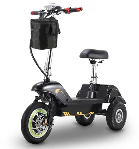 TWOFISH Triciclo Eléctrico Plegable, Potencia máxima 500W Batería de 48V 15Ah, Autonomía de 38 km Ruedas Neumáticos de 12 + 10 25 km/h, Carga 100 kg,TF-03 (Negro y Amarillo)