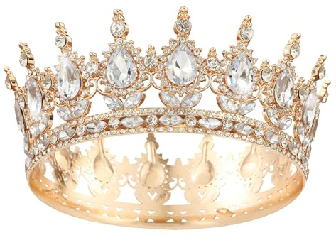 Rund vintage krona damer, krona för tårta, kristall barock tiara | Drottning krona, brud diadem, gnistrande strass hårsmycke för bröllop, karneval, bal, parad, födelsedagsfest