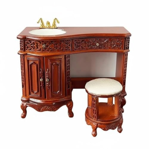 FytStycale Coiffeuse de Maison de Poupée Coiffeuse Lavabo Tabouret Mobilier Miniature Bois Lisse Sculpture Fine Tiroir Coulissant Fonctionnelles Adaptée aux