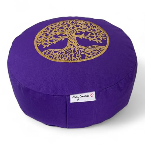 maylow – Yoga con Cuore Ricamato Albero della Vita X Farro Imbottito, Rivestimento e Federa 100% Cotone, Yoga Cuscino Meditazione Cuscino Viola, 33 x 15 cm