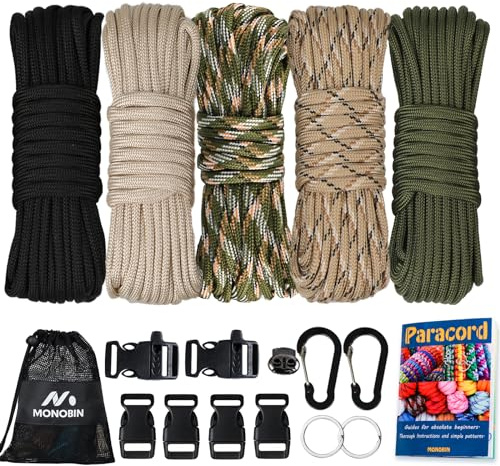 MONOBIN 550 Paracord Kits - 5Colors 20ft Parachute Cord Combo for Bracelet Making, Paracord Bulk Supplies for Making lanyards,Dog Collar