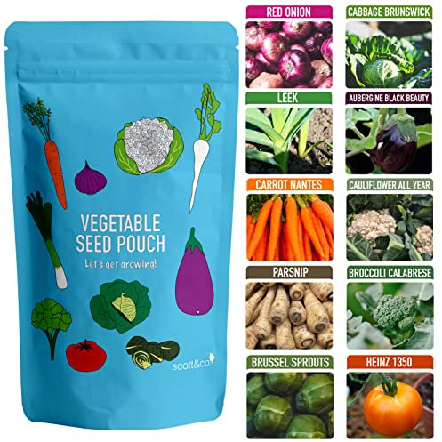 Scott&Co. Vegetable Seeds Variety Pack, UK Veg Planting, Carrot, Broccoli, Onion, Tomato, Aubergine, Cabbage, Parsnip, Sprout, Leek, Cauliflower. Christmas Gifts for Women and Men