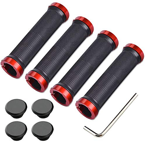 Aiqeer 2 Pares Puños Bicicleta Montaña, Puños Manillar Goma Antideslizante Ergonomicos, Puños Manillar Bici Doble Bloqueo, Empuñadura BMX, Puños MTB, para Mango con Diámetro 22 mm (Rojo)