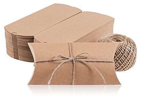 Cajas de almohada, paquete de 100 cajas de regalo de almohada con cuerda de cordel, cajas de regalo Kraft Mini Favor Boxes, 7.5 x 3.7 x 1.2 pulgadas