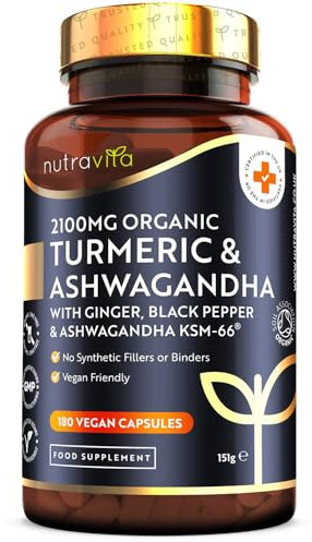 Nutravita Turmeric & Ashwagandha KSM-66 ® - 180 High Strength Capsules with Ginger & Black Pepper - Organic Tumeric & Ashwagandha Supplement - Vegan & Gluten Free - UK Made