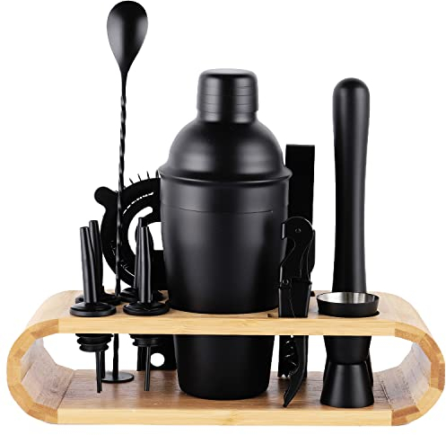 JNWINOG 12Pcs-Cocktail Shaker Set Stainless Steel Bartending Kit 18.6oz Cocktail Bar Set Cocktail Mix Drink Making Kit Professional Bar and Home Drink Bar Tools for Bartender (Matte Black, 12Pcs)