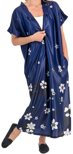 Easylife Zip Front Kaftan Dress, S/M (10-12) Nightgown for Women with 50cm Front Zip, Lightweight Dressing Gown, Silky Kimonos for Women, Machine Washable - Fully Guaranteed | Navy | S/M