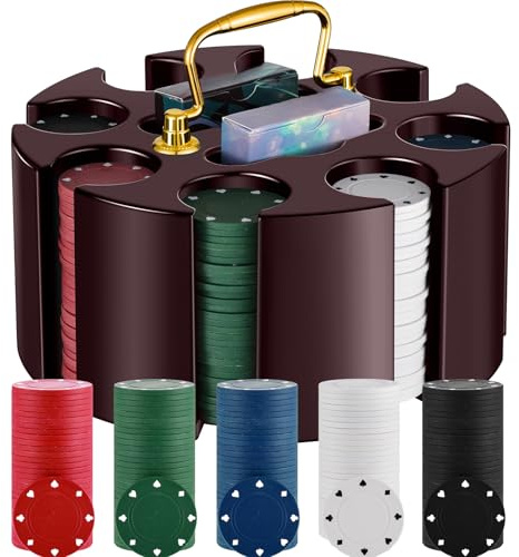 Wettarn Poker Chips Poker Set, 200 Count Rotating Chip Case Wood Carousel Case Holder with 200 Pcs Chips and 2 Decks of Playing Cards for Casino Party Supplies Family Game Accessory