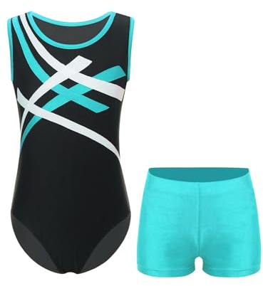 Fldy Kids Girls Boys Sleeveless Gymnastics Leotard Ballet Dance Jumpsuit with Shorts Set Unitard Biketard Activewear Blue Green 11-12 Years