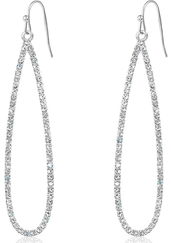Silver Tone Long Earrings for Women Elegant - Silver Tone Rhinestone Earrings for Women Dangling, Sparkly Dangly Teardrop CZ Simulated Diamond Tear Drop Jewelry, Formal Dressy Crystal Big Hoops Dangle