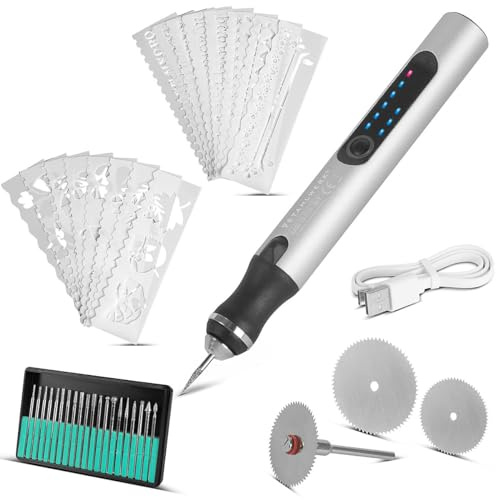 STAHLWERK USB-Gravierstift (UG-300 ST) – 8 Watt Leistung, 3 Gänge (5.000/10.000/18.000 U/min), USB-C Anschluss, kabellos nutzbar, inkl. 20 Premium-Einsätze, 3 Trennscheiben & Schablonen-Set