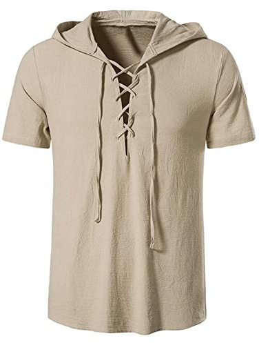 Chemise Lin Style Rétro Traditionnel pour Homme Lacets Manches Courtes,T-Shirts à Capuche Col V Coton Lin,Tee Shirt Coupe Ajustée Renaissance Médiévales,Chemise Couleur Unie en Lin Coton