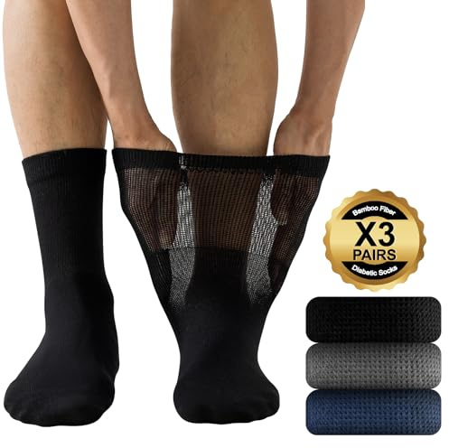 Niorasen Mens Extra Wide Loose Diabetic Socks, 3 Pairs Bamboo Socks for Swollen Feet & Legs, Elastic Soft Top Breathable Seamless