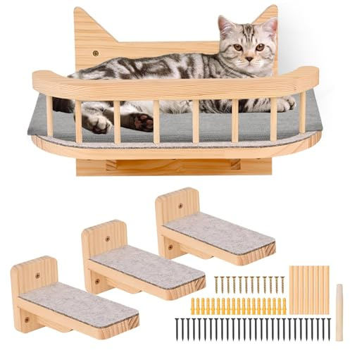 Mensole per Gatti da Parete con 3 Gradini, Percorso Gatto Arrampicata da Muro Scala, Amaca Scaletta per Gatti Percorsi Scalini da Parete in Legno Interno per Dormire, Giocare, Saltare, con Cuscino